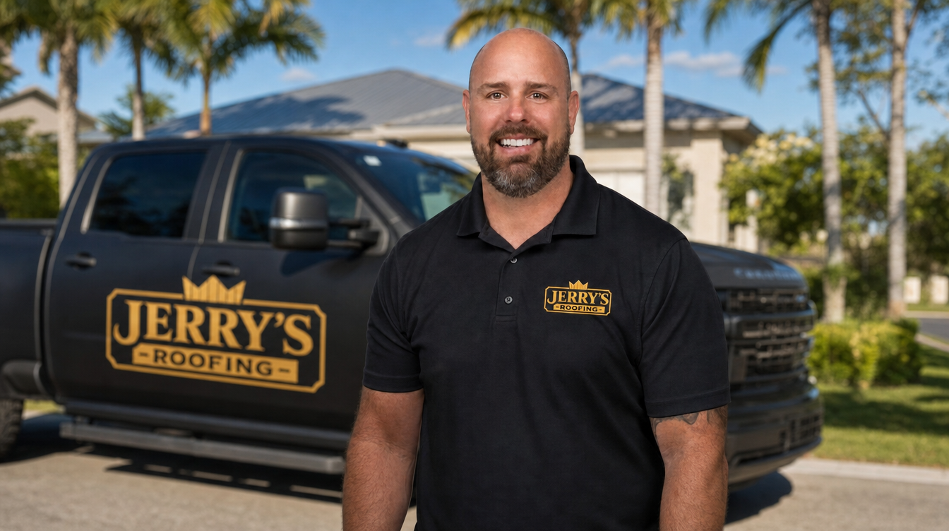 Corey Combes, President of Jerry's Roofing, in front of the company truck