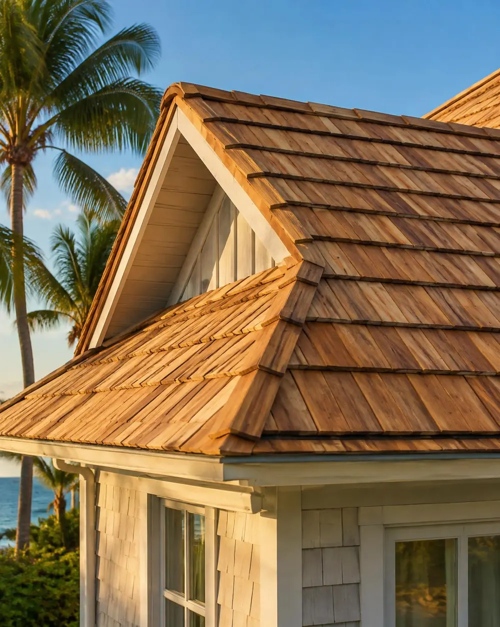 Close-up of warm-toned synthetic cedar shake roof