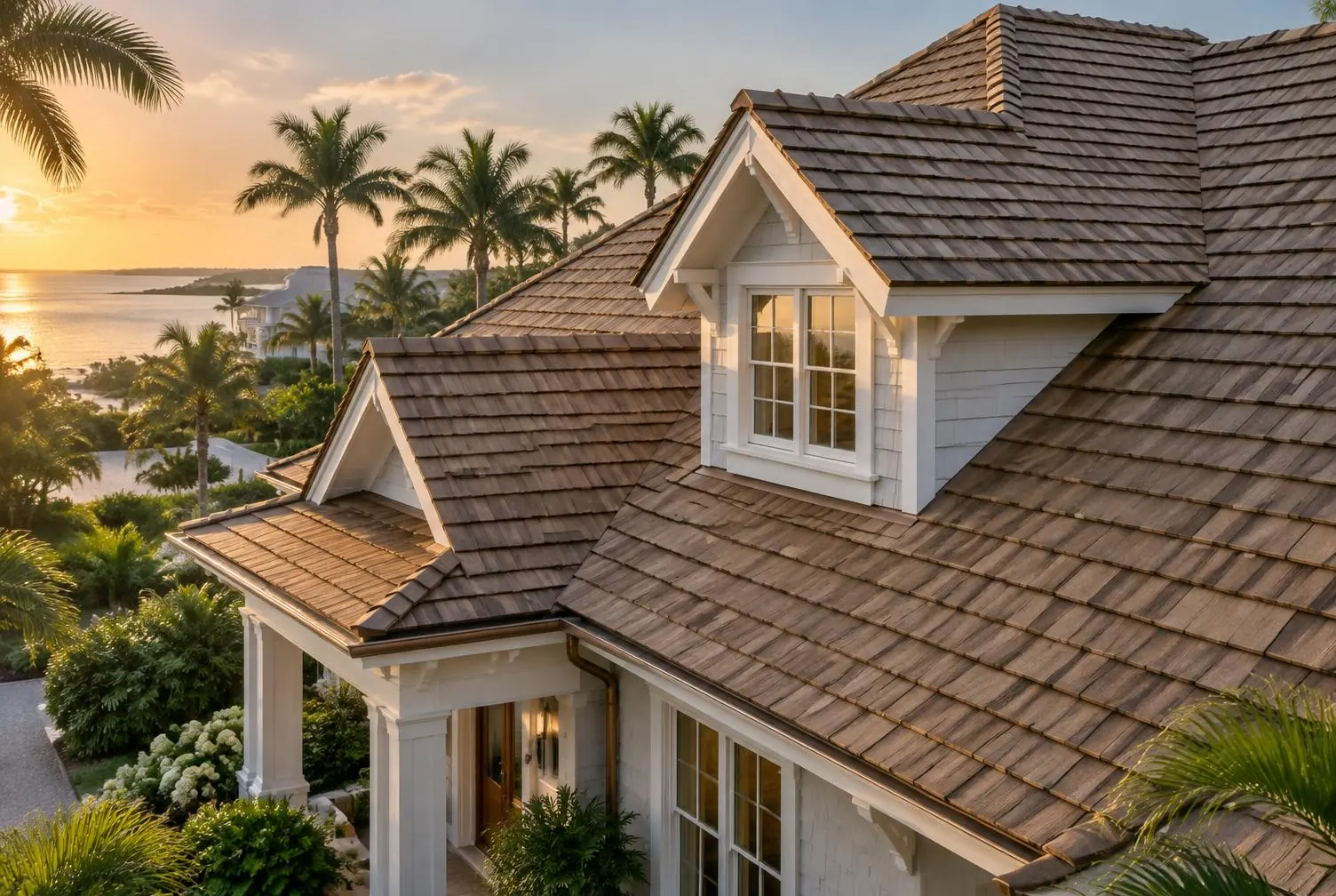 Warm-toned synthetic cedar shake roof