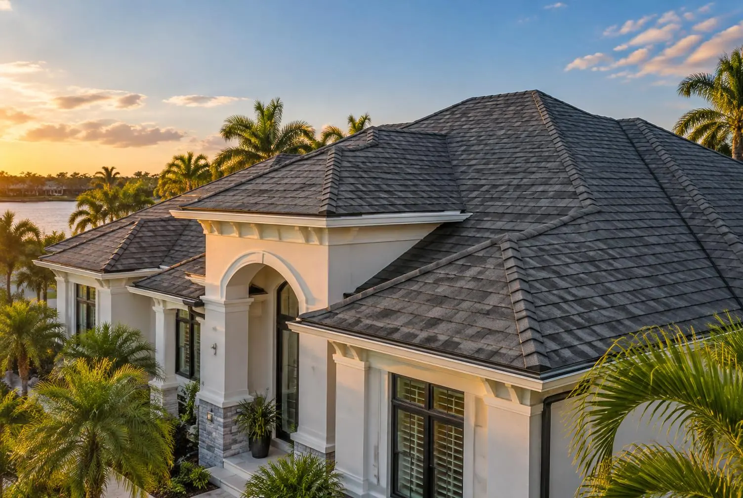 Dimensional designer shingle roof with a slate-like profile on a Florida home