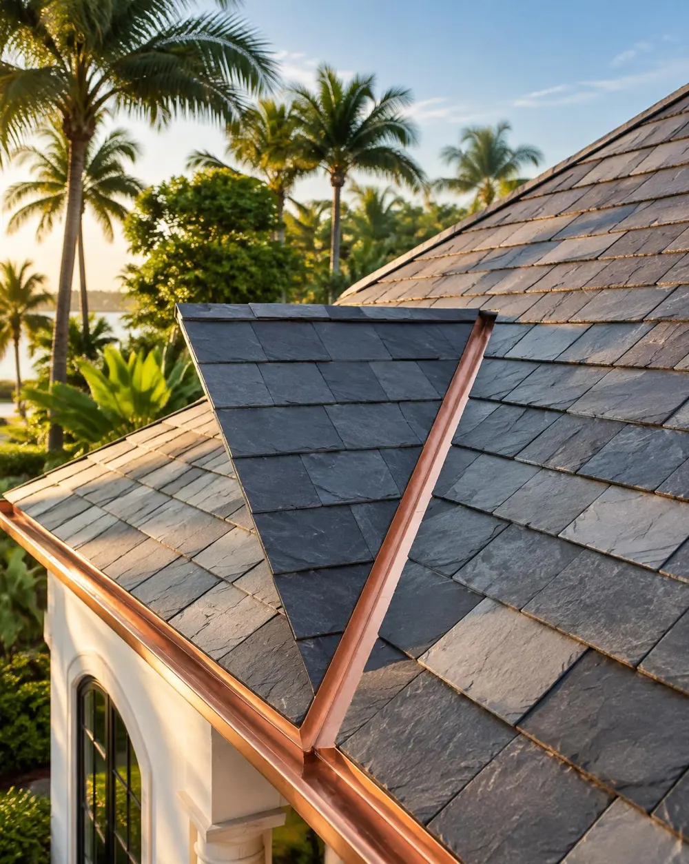 Close-up of gray slate roof tiles with a copper valley