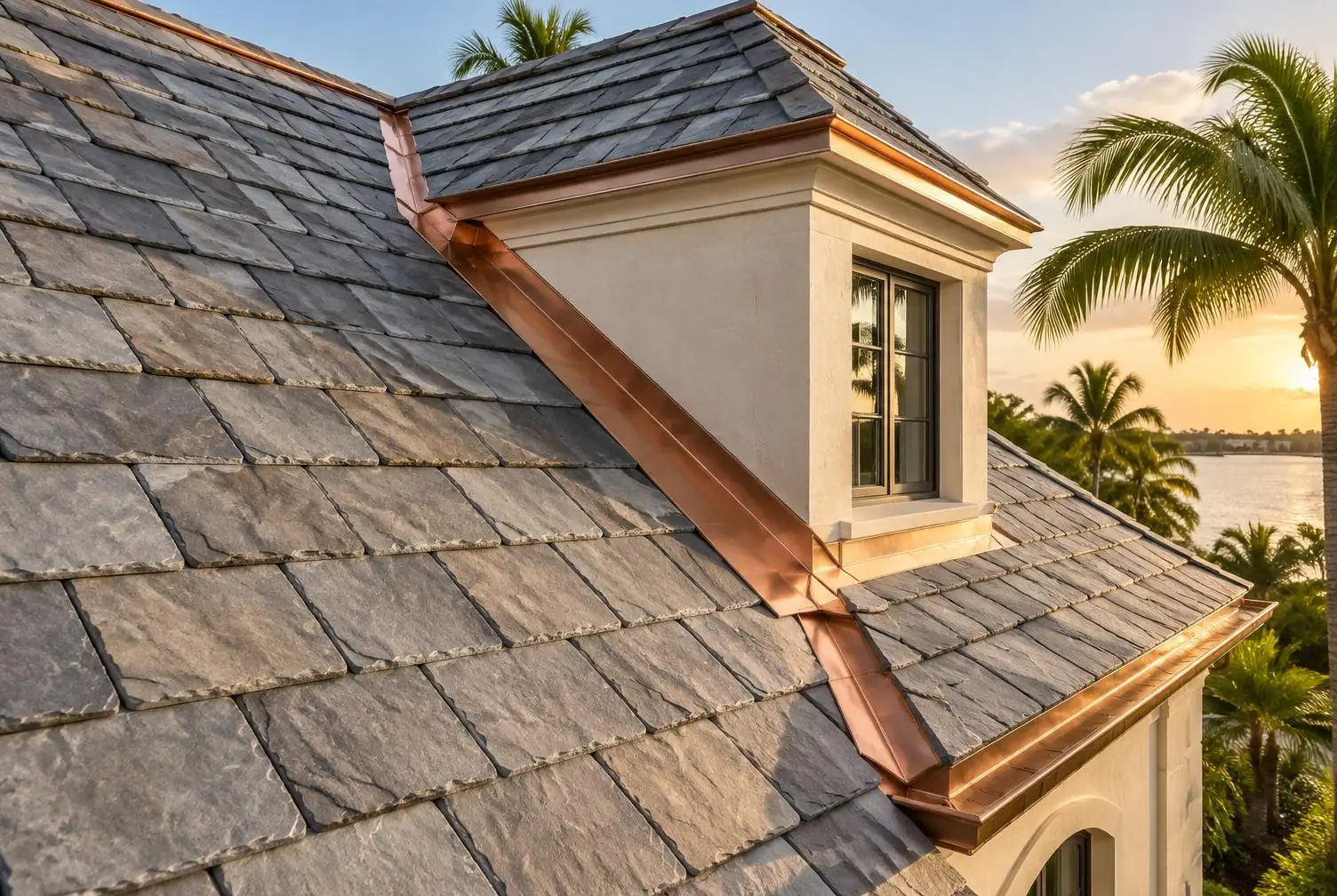 Gray slate roof with copper flashing