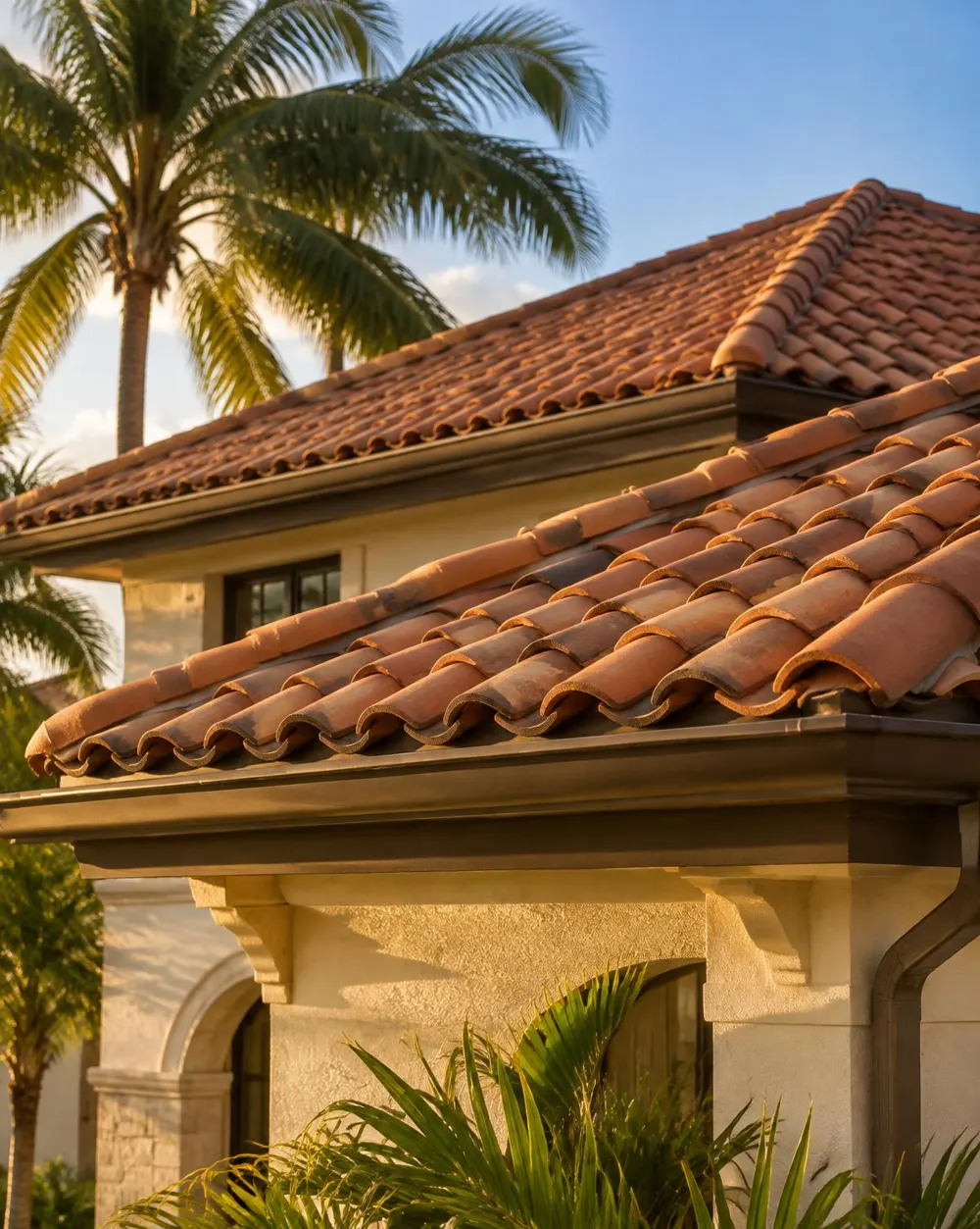 Close-up of terracotta clay barrel tile along a roof edge