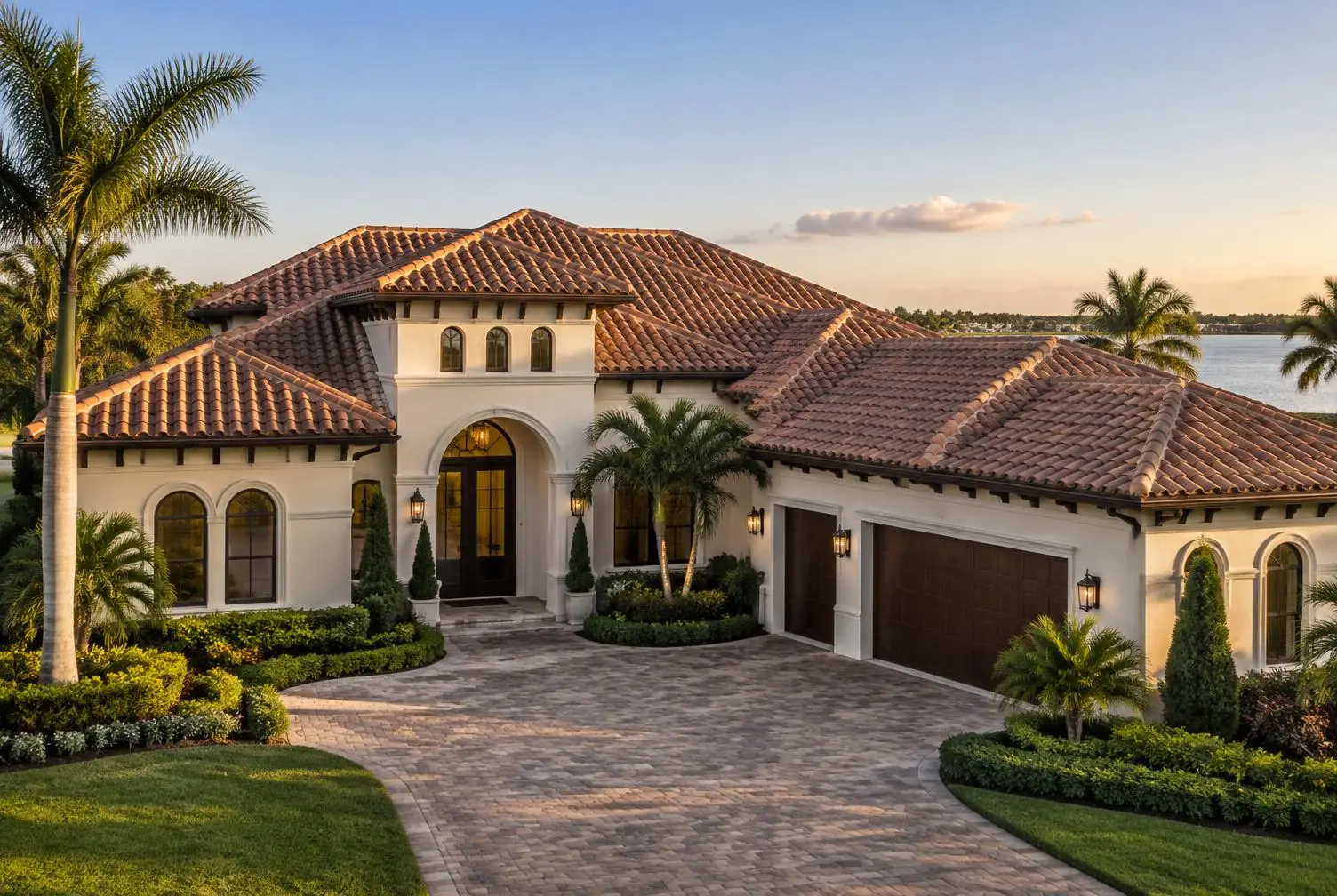 Terracotta clay barrel tile roof on a Mediterranean-style Florida home