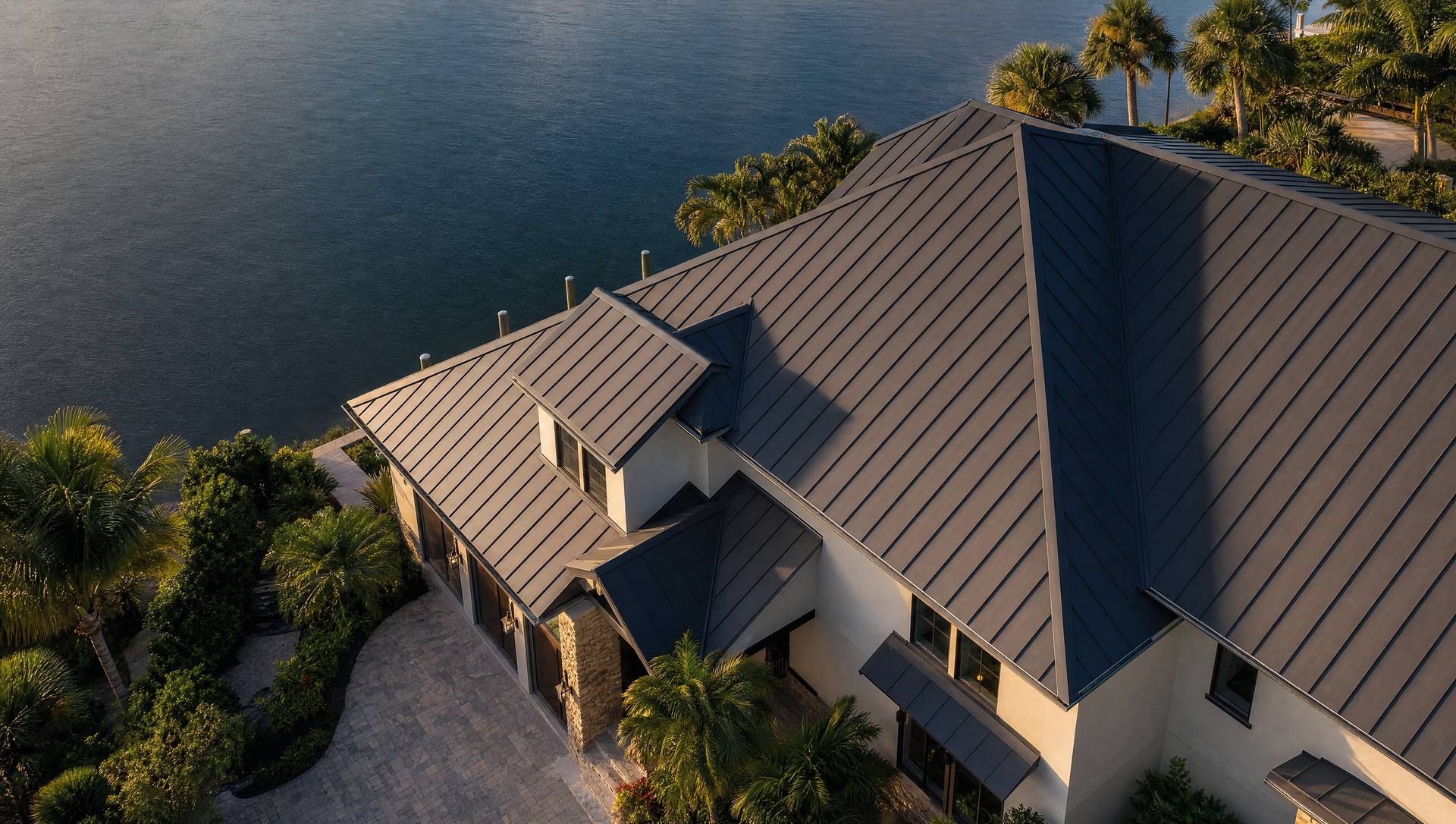 Standing seam metal roof on a waterfront Tampa Bay home